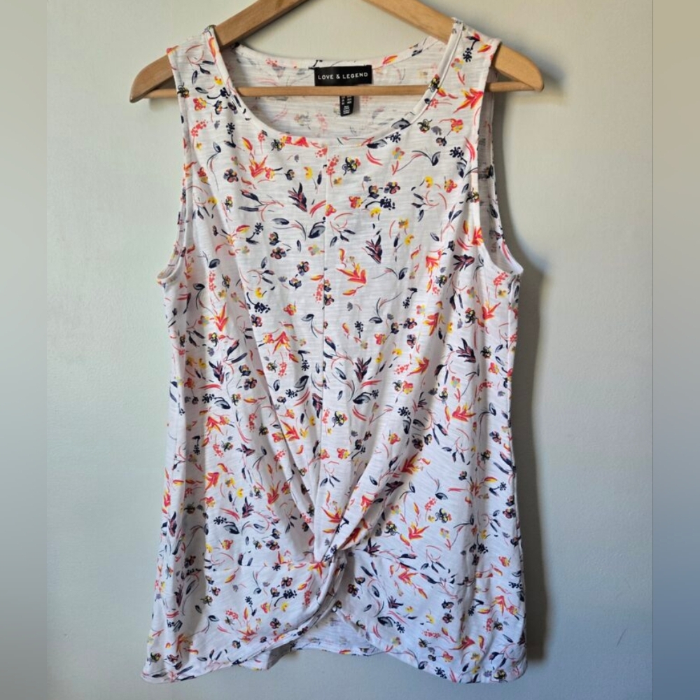 New LOVE & LEGEND White Pink Sleeveless Tie Front Cotton Blend Tank Top